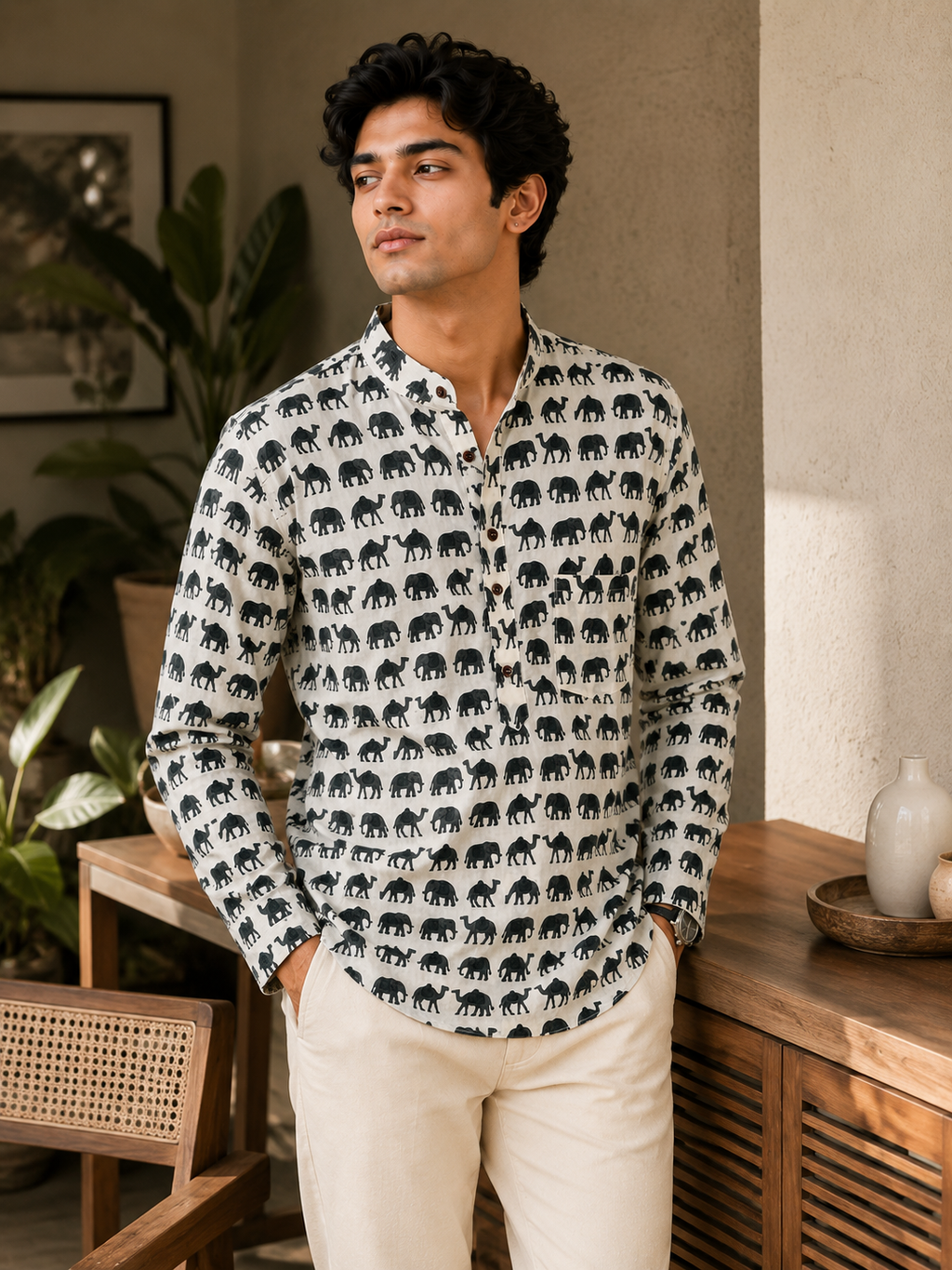 Men’s Ivory Sanganeri Print Cotton Short Kurta