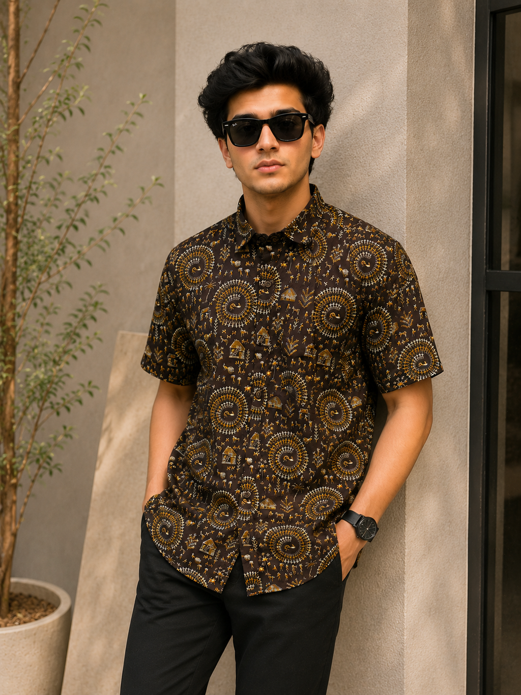 Men’s Brown Tribal Sanganeri Print Half Sleeve Casual Shirt