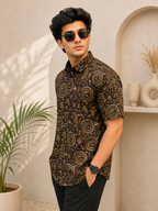 Men’s Brown Tribal Sanganeri Print Half Sleeve Casual Shirt