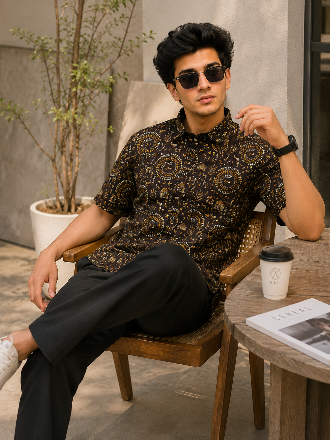 Men’s Brown Tribal Sanganeri Print Half Sleeve Casual Shirt
