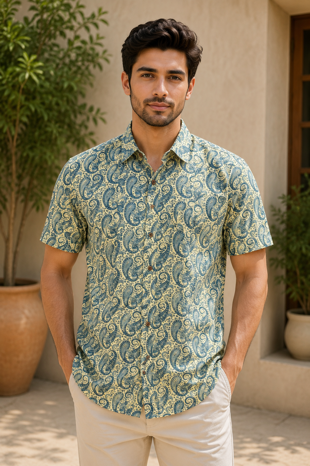 Men’s Blue Sanganeri Print Half Sleeve Casual Shirt