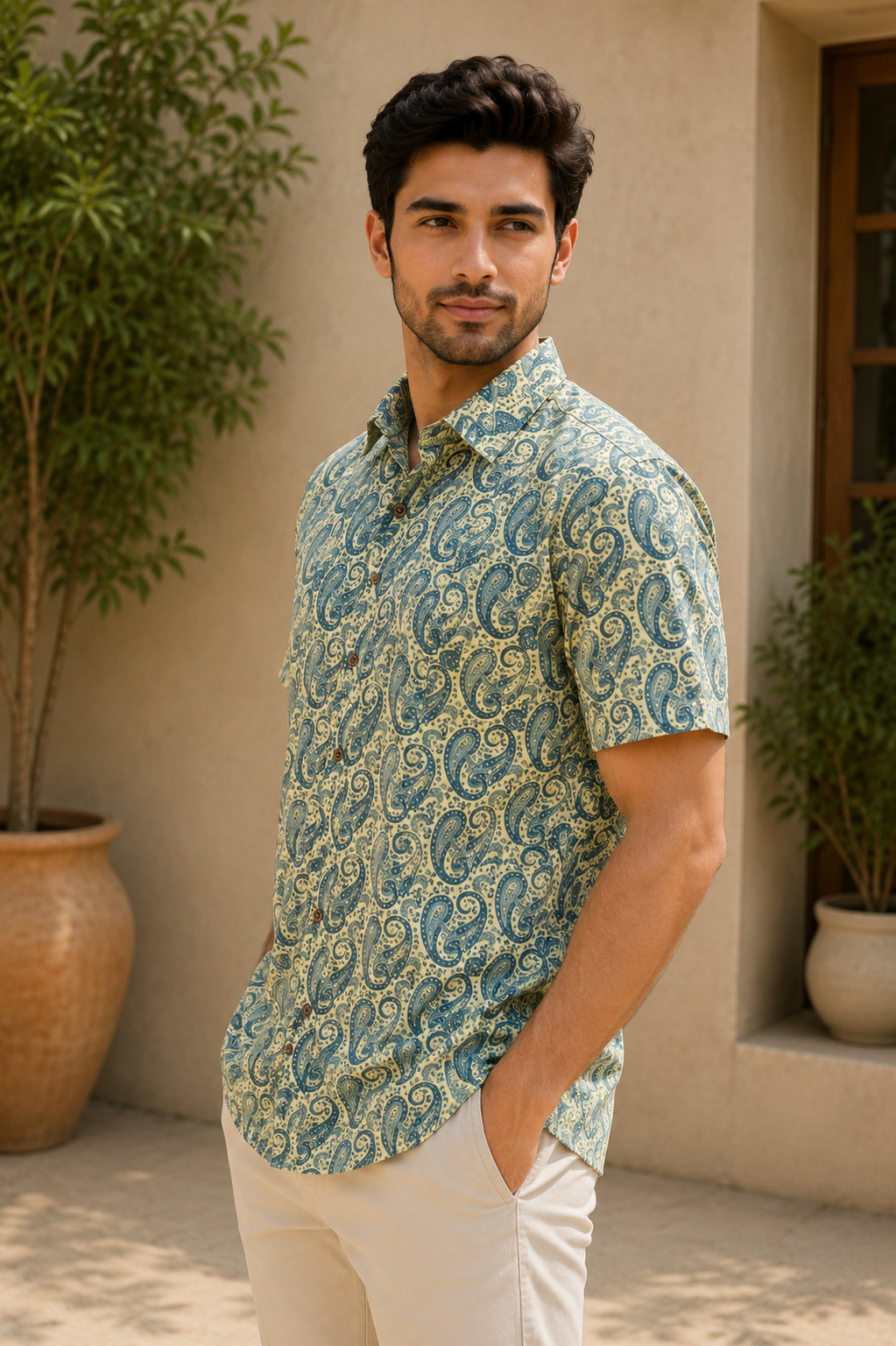 Men’s Blue Sanganeri Print Half Sleeve Casual Shirt