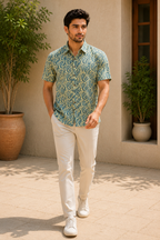 Men’s Blue Sanganeri Print Half Sleeve Casual Shirt
