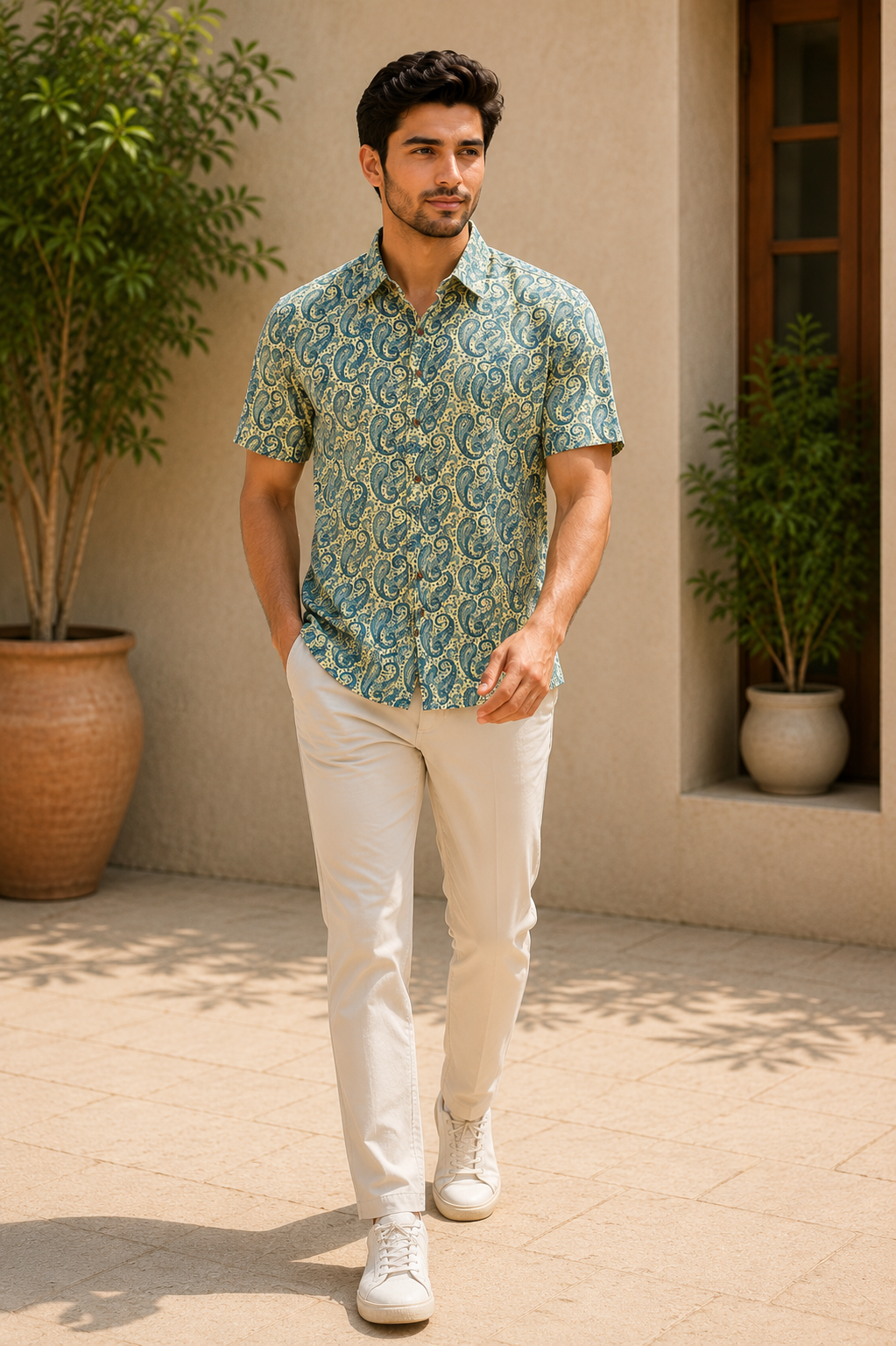Men’s Blue Sanganeri Print Half Sleeve Casual Shirt