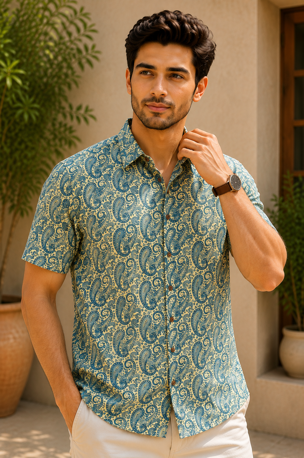 Men’s Blue Sanganeri Print Half Sleeve Casual Shirt