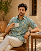 Men’s Blue Sanganeri Print Half Sleeve Casual Shirt