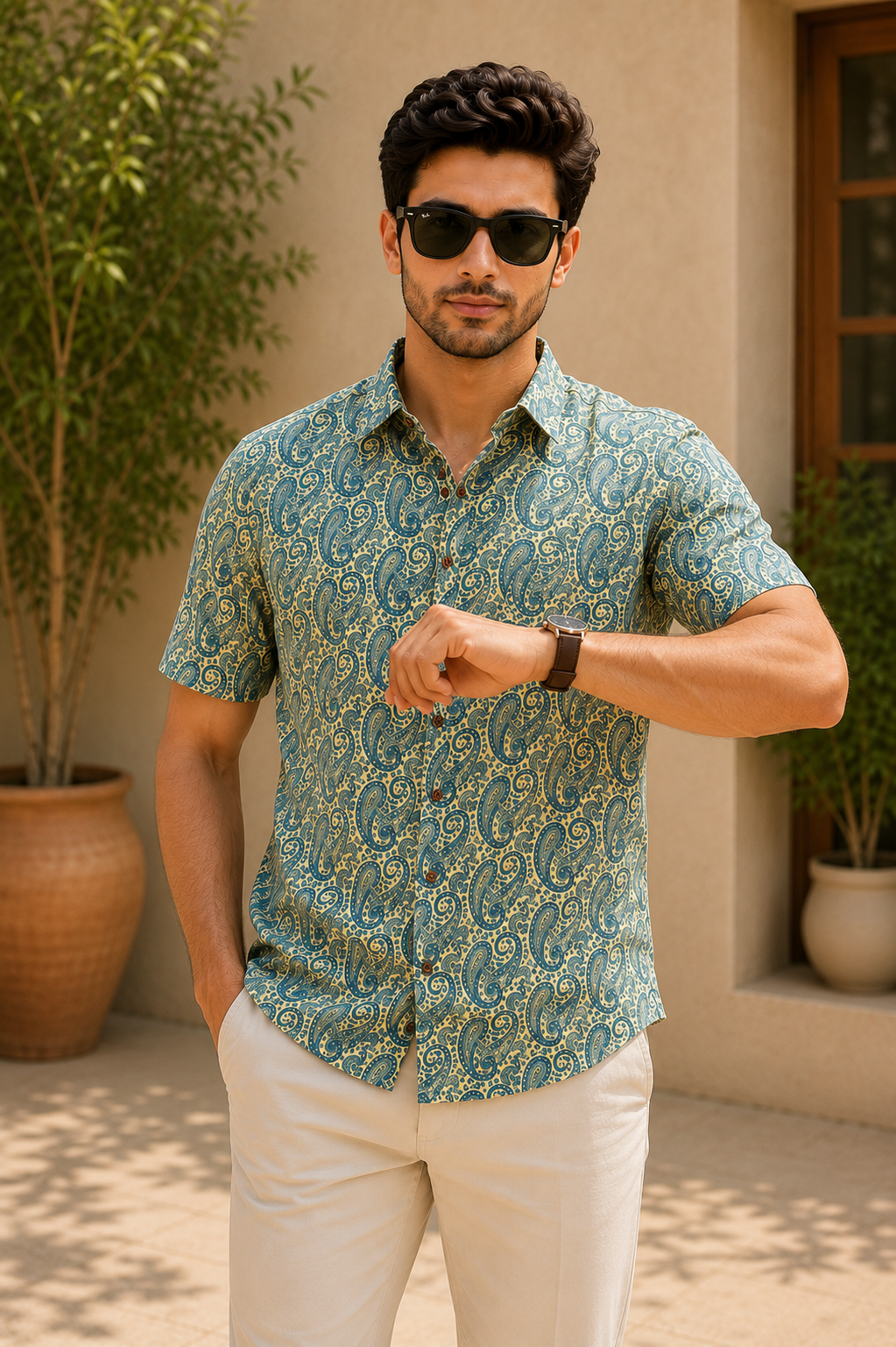 Men’s Blue Sanganeri Print Half Sleeve Casual Shirt