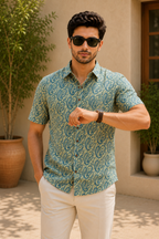 Men’s Blue Sanganeri Print Half Sleeve Casual Shirt