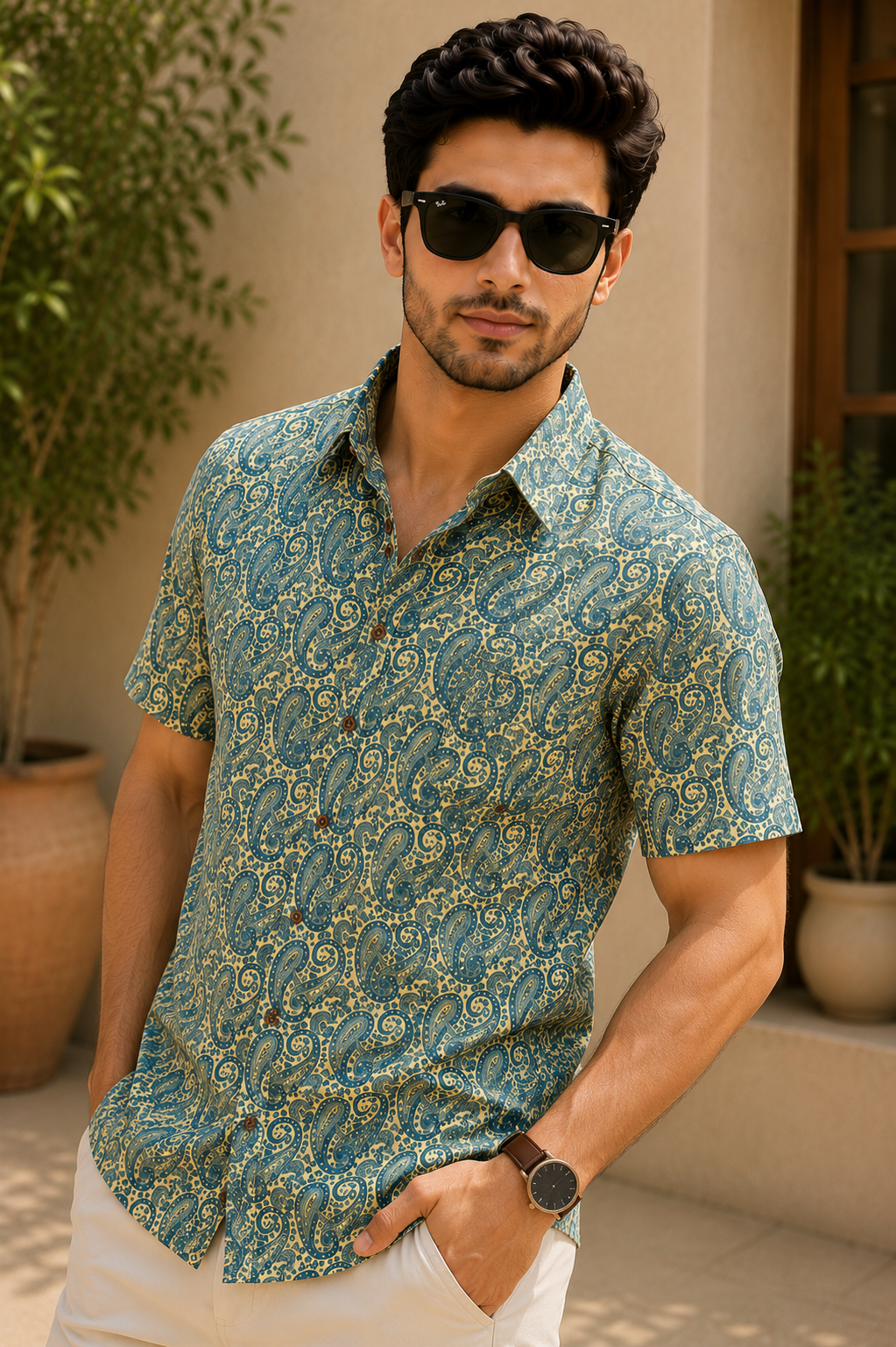 Men’s Blue Sanganeri Print Half Sleeve Casual Shirt