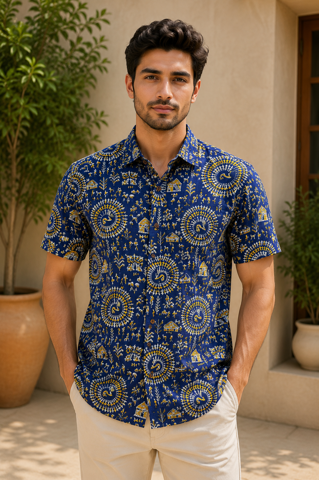 Men’s Royal Blue Sanganeri Print Half Sleeve Casual Shirt