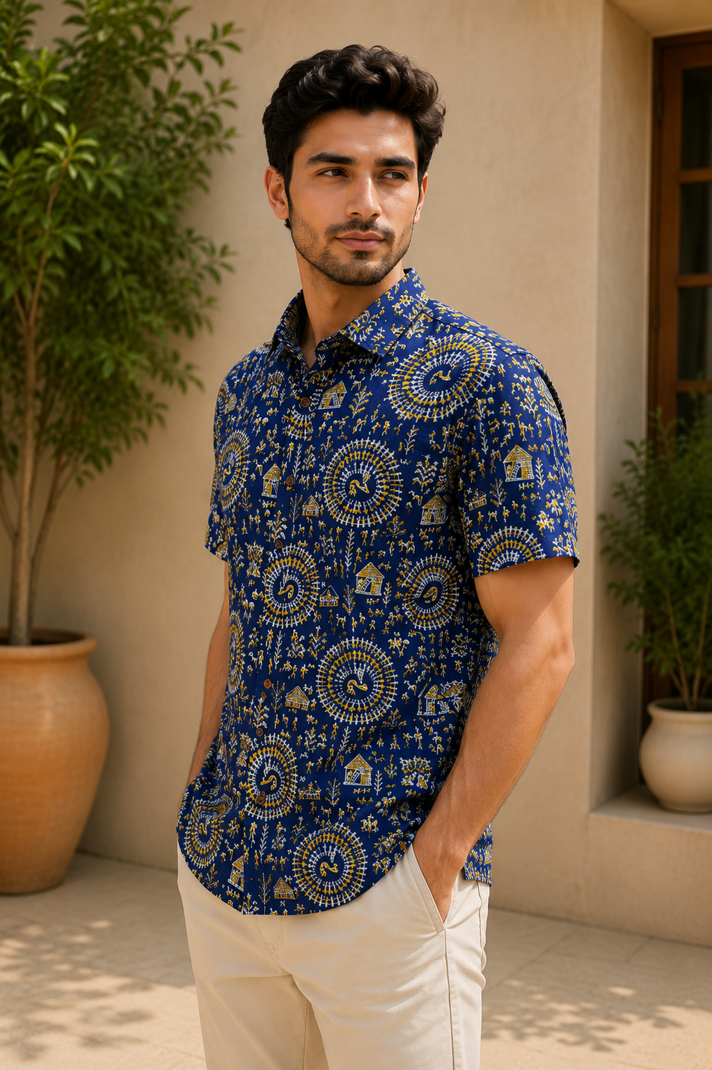 Men’s Royal Blue Sanganeri Print Half Sleeve Casual Shirt