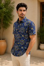 Men’s Royal Blue Sanganeri Print Half Sleeve Casual Shirt