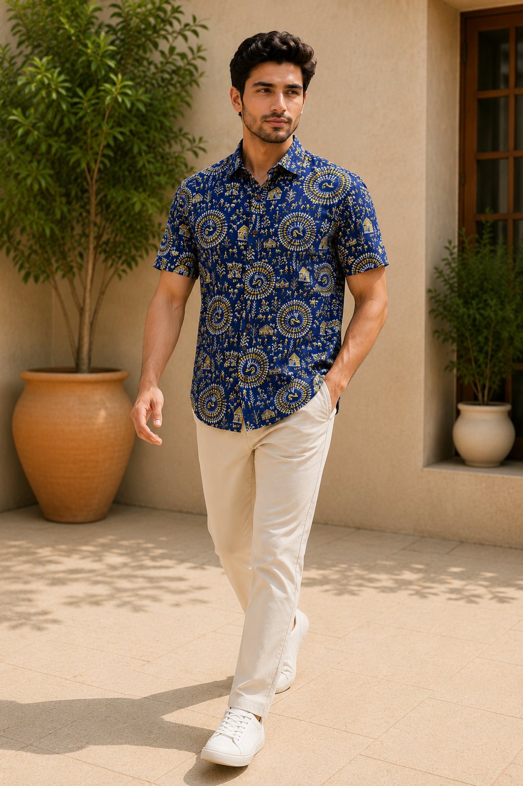 Men’s Royal Blue Sanganeri Print Half Sleeve Casual Shirt
