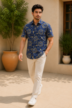 Men’s Royal Blue Sanganeri Print Half Sleeve Casual Shirt