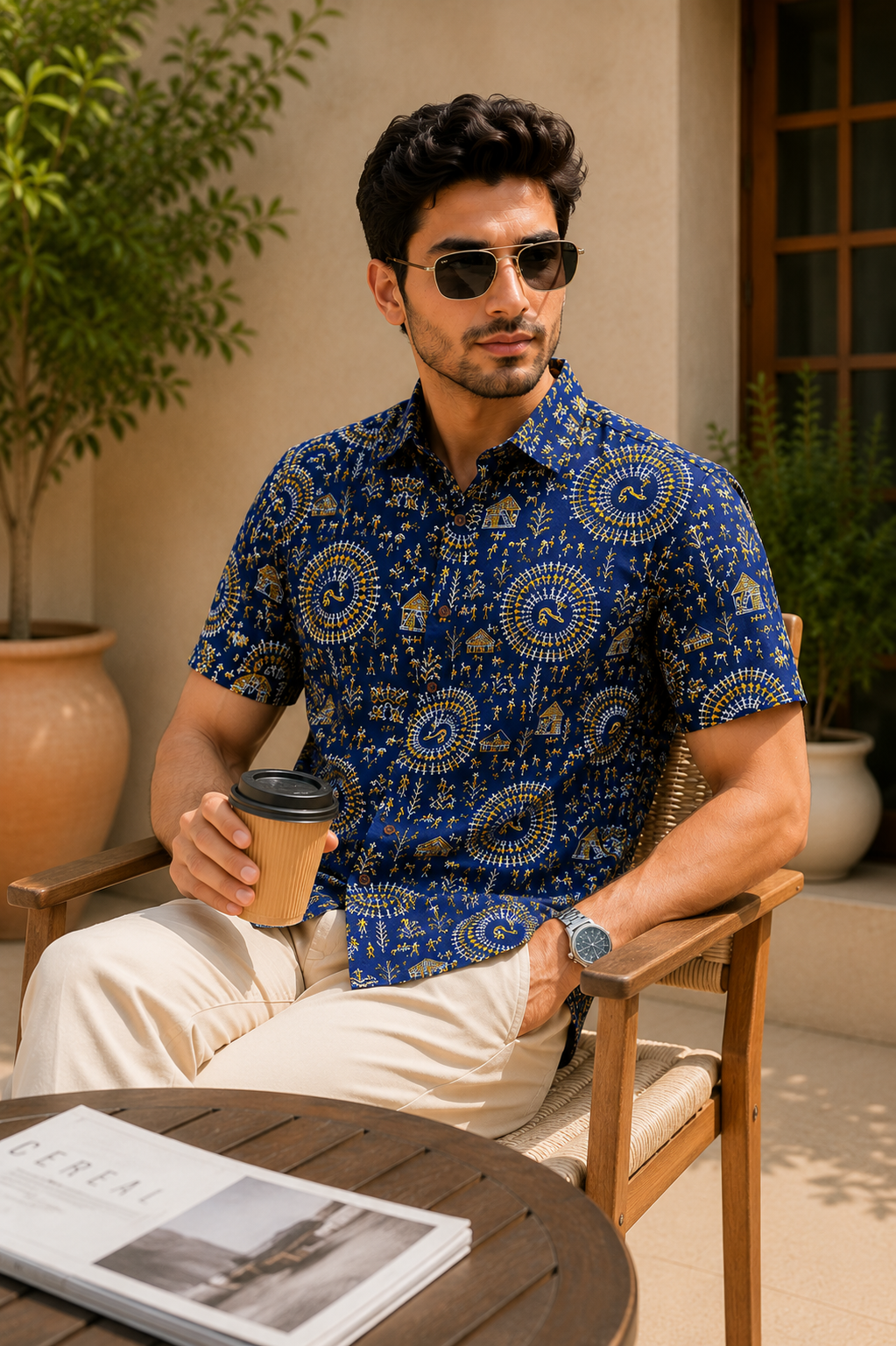 Men’s Royal Blue Sanganeri Print Half Sleeve Casual Shirt