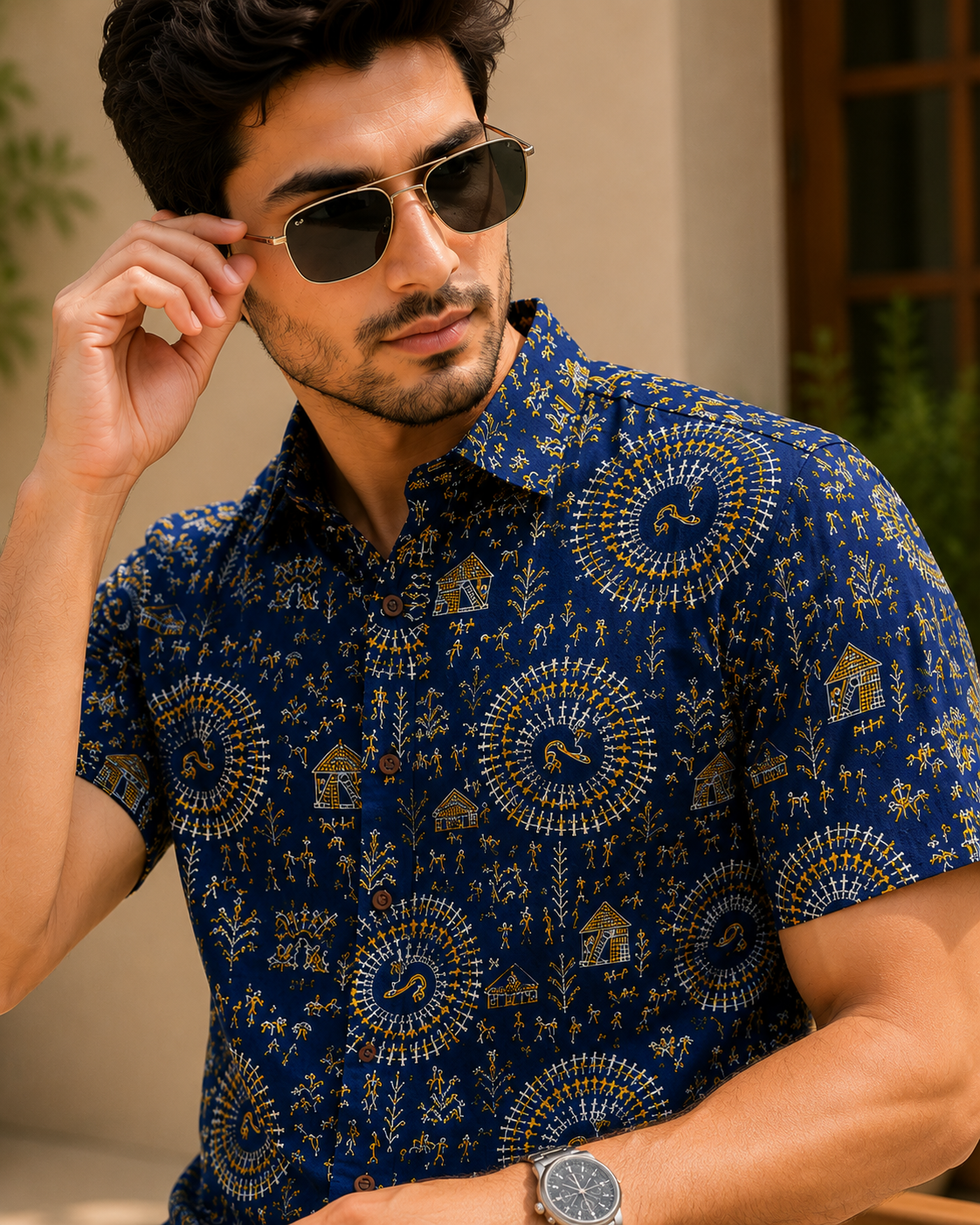 Men’s Royal Blue Sanganeri Print Half Sleeve Casual Shirt