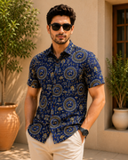 Men’s Royal Blue Sanganeri Print Half Sleeve Casual Shirt