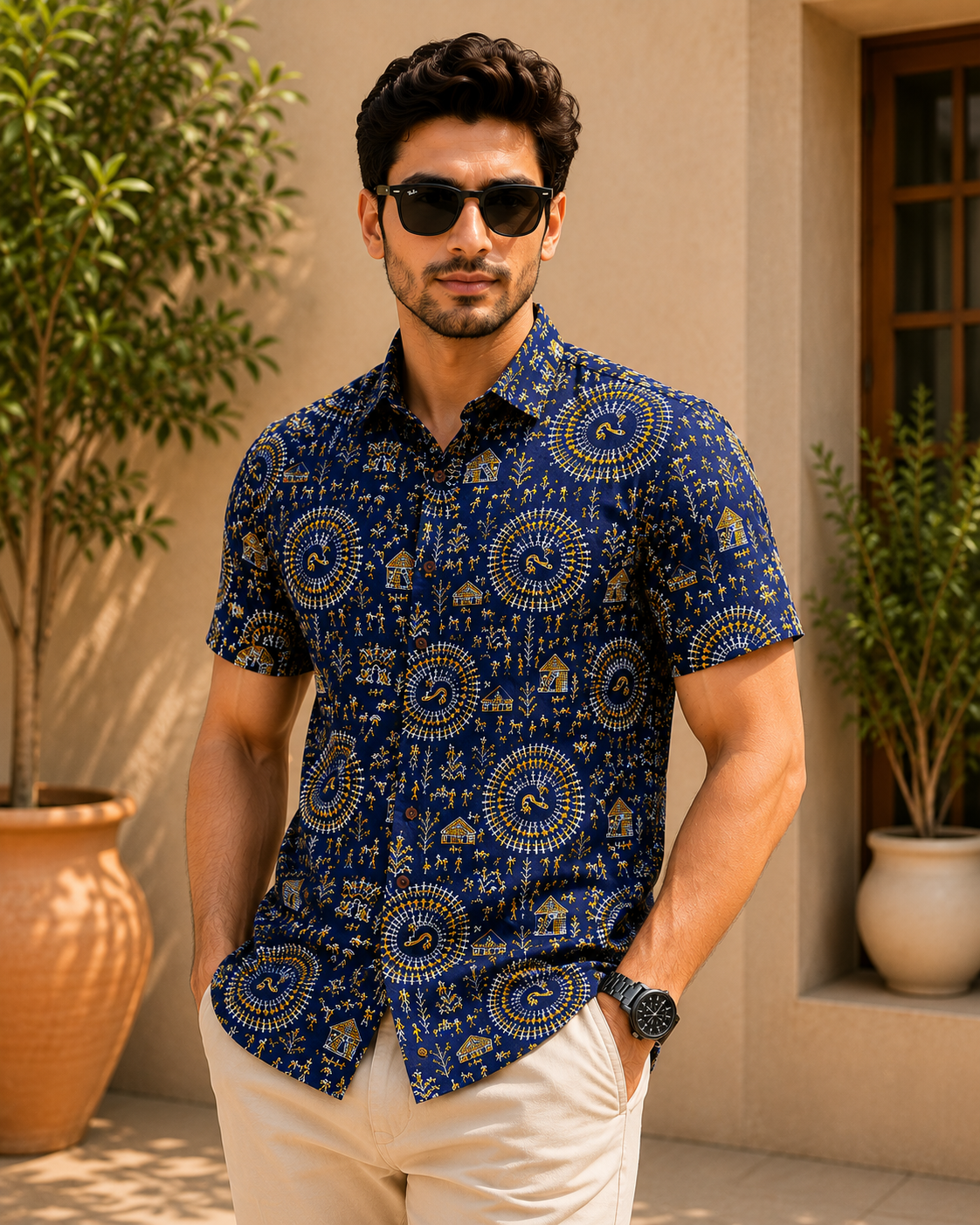 Men’s Royal Blue Sanganeri Print Half Sleeve Casual Shirt