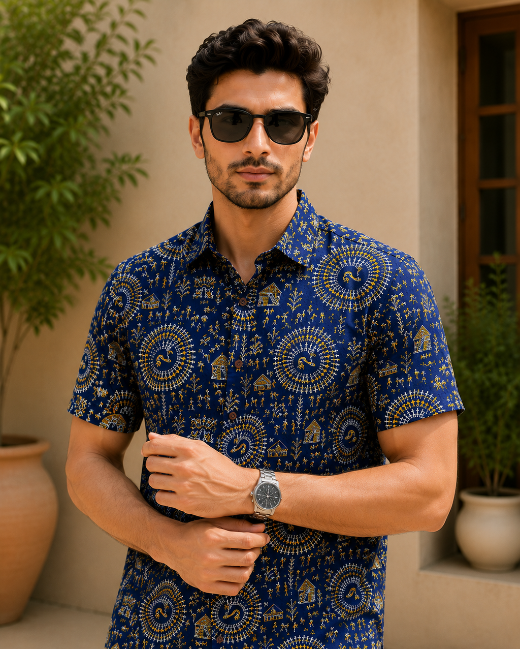 Men’s Royal Blue Sanganeri Print Half Sleeve Casual Shirt