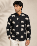 Men’s Black Elephant Print Cotton Short Kurta