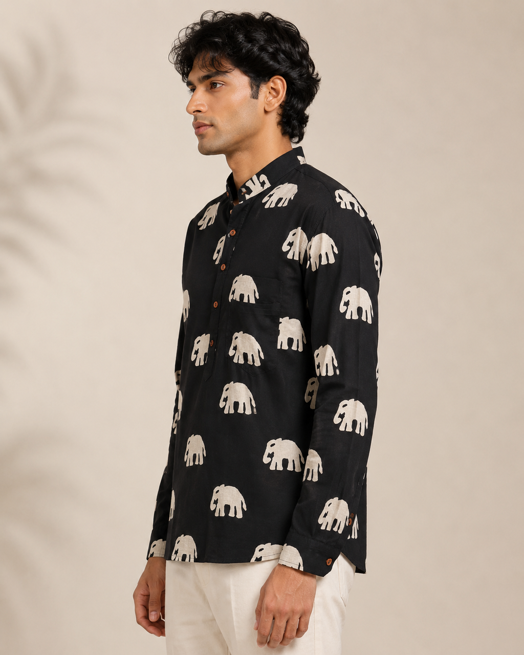Men’s Black Elephant Print Cotton Short Kurta