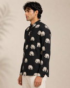 Men’s Black Elephant Print Cotton Short Kurta