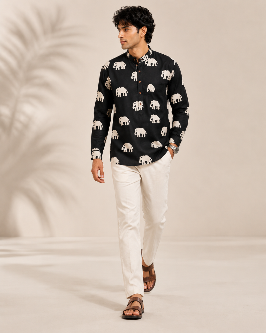 Men’s Black Elephant Print Cotton Short Kurta