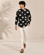 Men’s Black Elephant Print Cotton Short Kurta