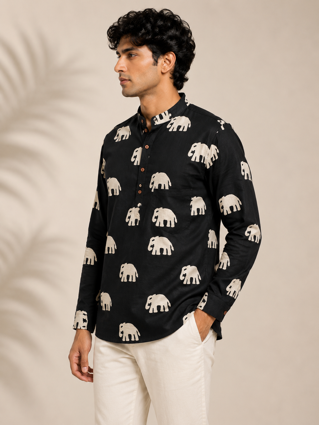 Men’s Black Elephant Print Cotton Short Kurta