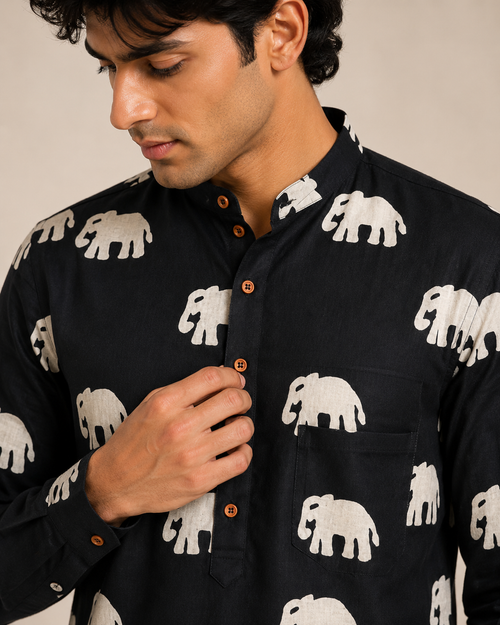 Men’s Black Elephant Print Cotton Short Kurta