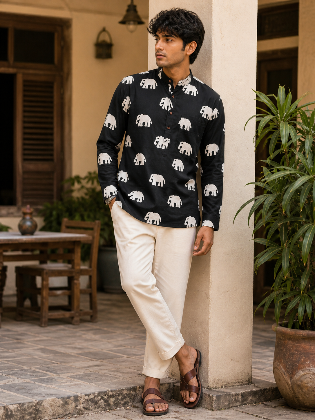 Men’s Black Elephant Print Cotton Short Kurta