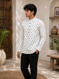 Men’s White Floral Print Cotton Short Kurta
