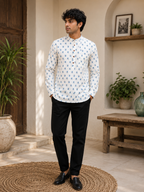 Men’s White Floral Print Cotton Short Kurta