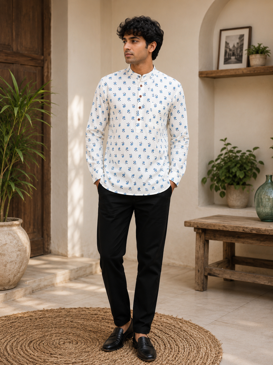 Men’s White Floral Print Cotton Short Kurta