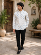 Men’s White Floral Print Cotton Short Kurta