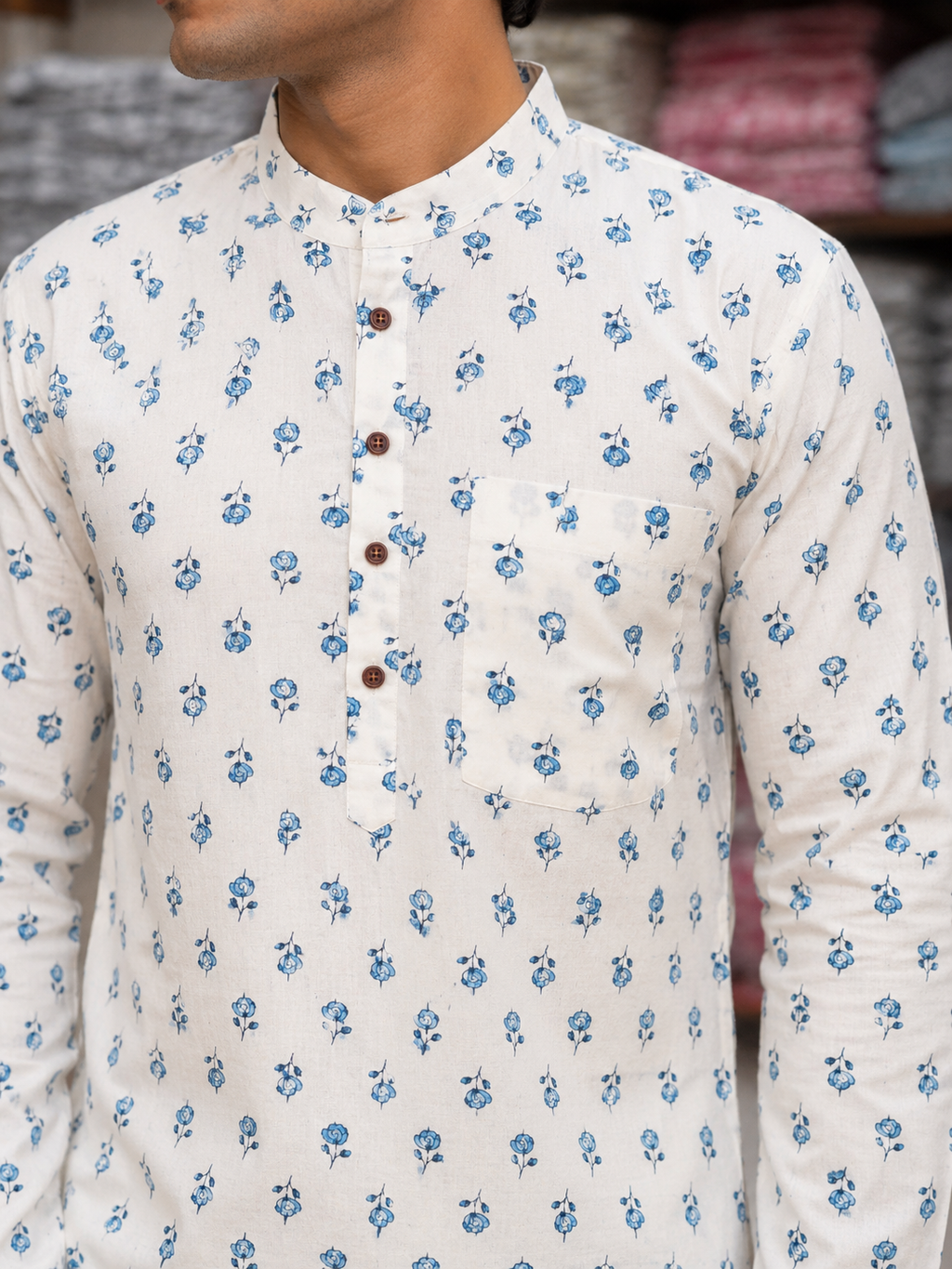 Men’s White Floral Print Cotton Short Kurta
