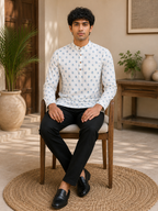 Men’s White Floral Print Cotton Short Kurta