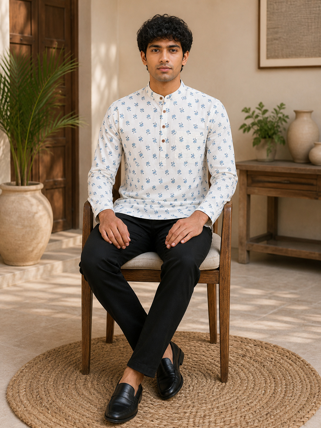 Men’s White Floral Print Cotton Short Kurta