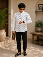 Men’s White Floral Print Cotton Short Kurta
