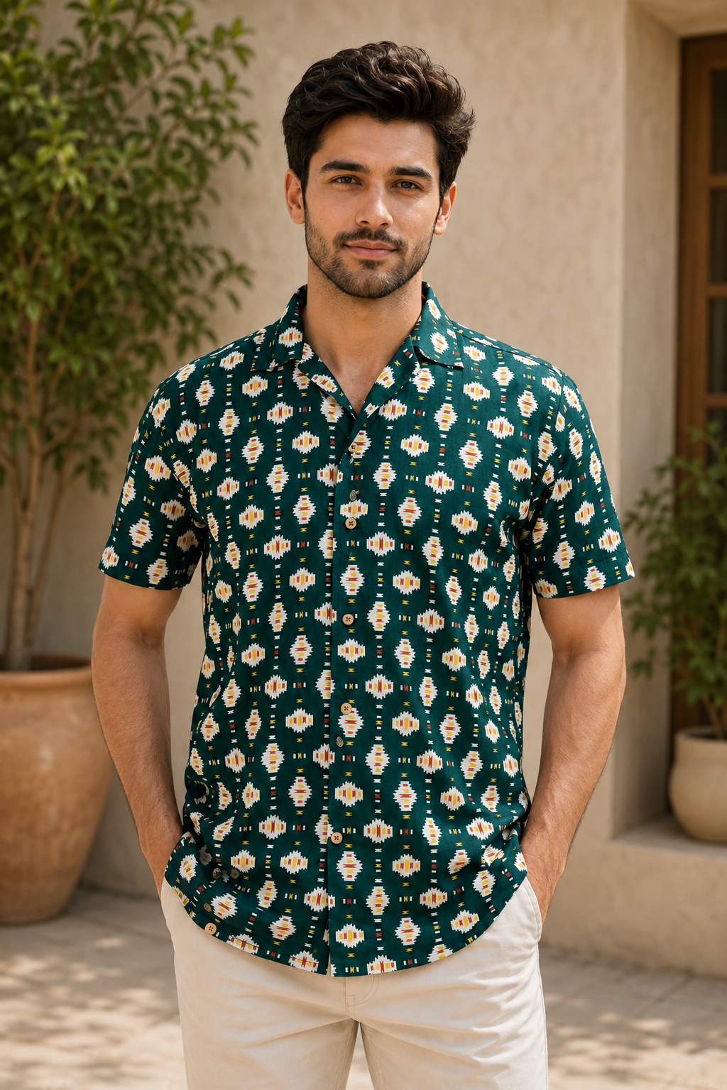 Men’s Green Geometric Print Half Sleeve Casual Shirt