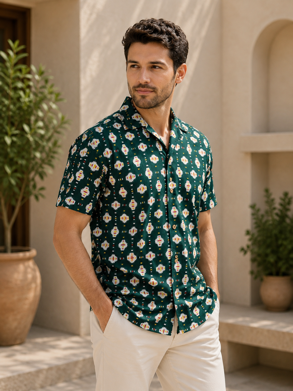 Men’s Green Geometric Print Half Sleeve Casual Shirt