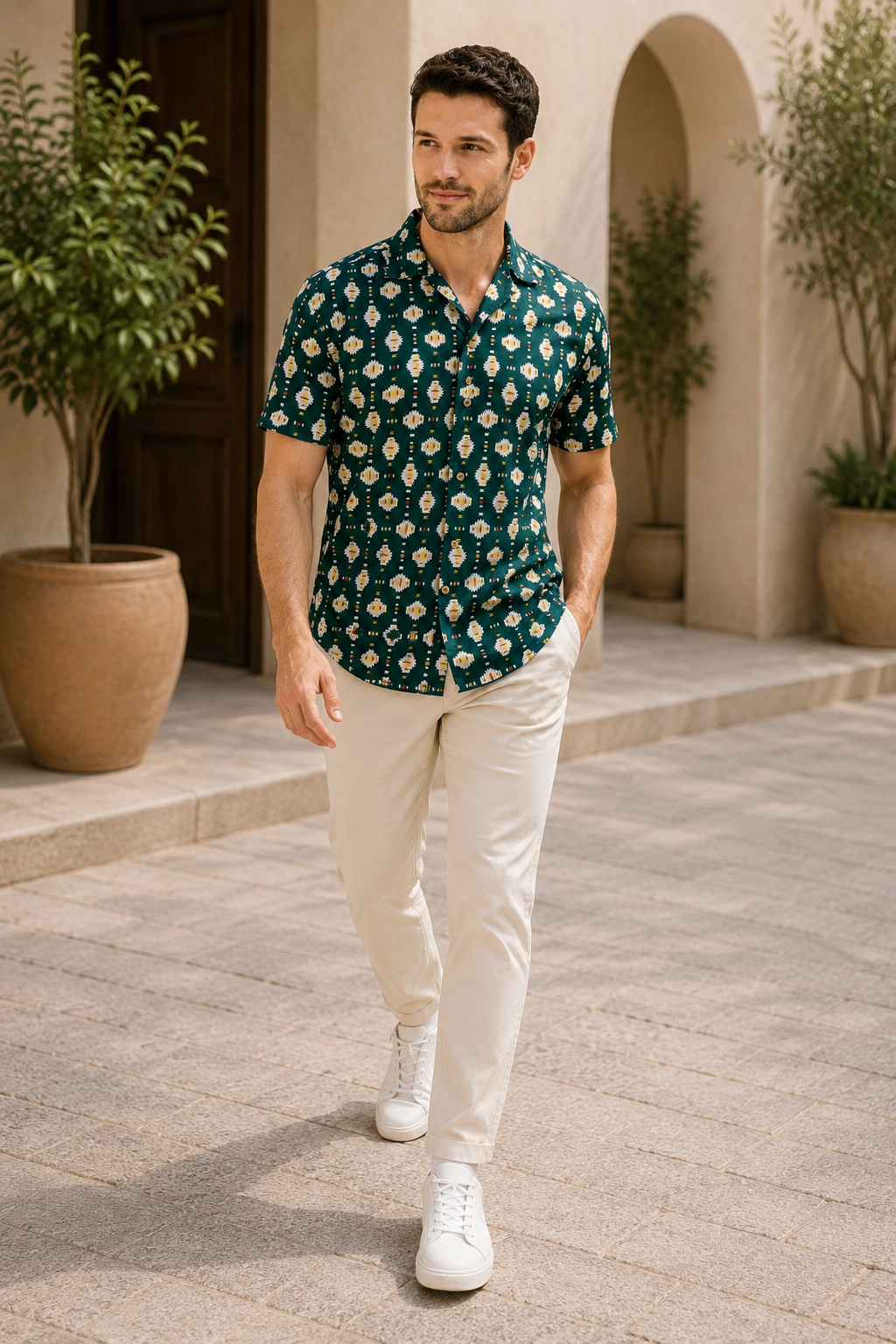 Men’s Green Geometric Print Half Sleeve Casual Shirt