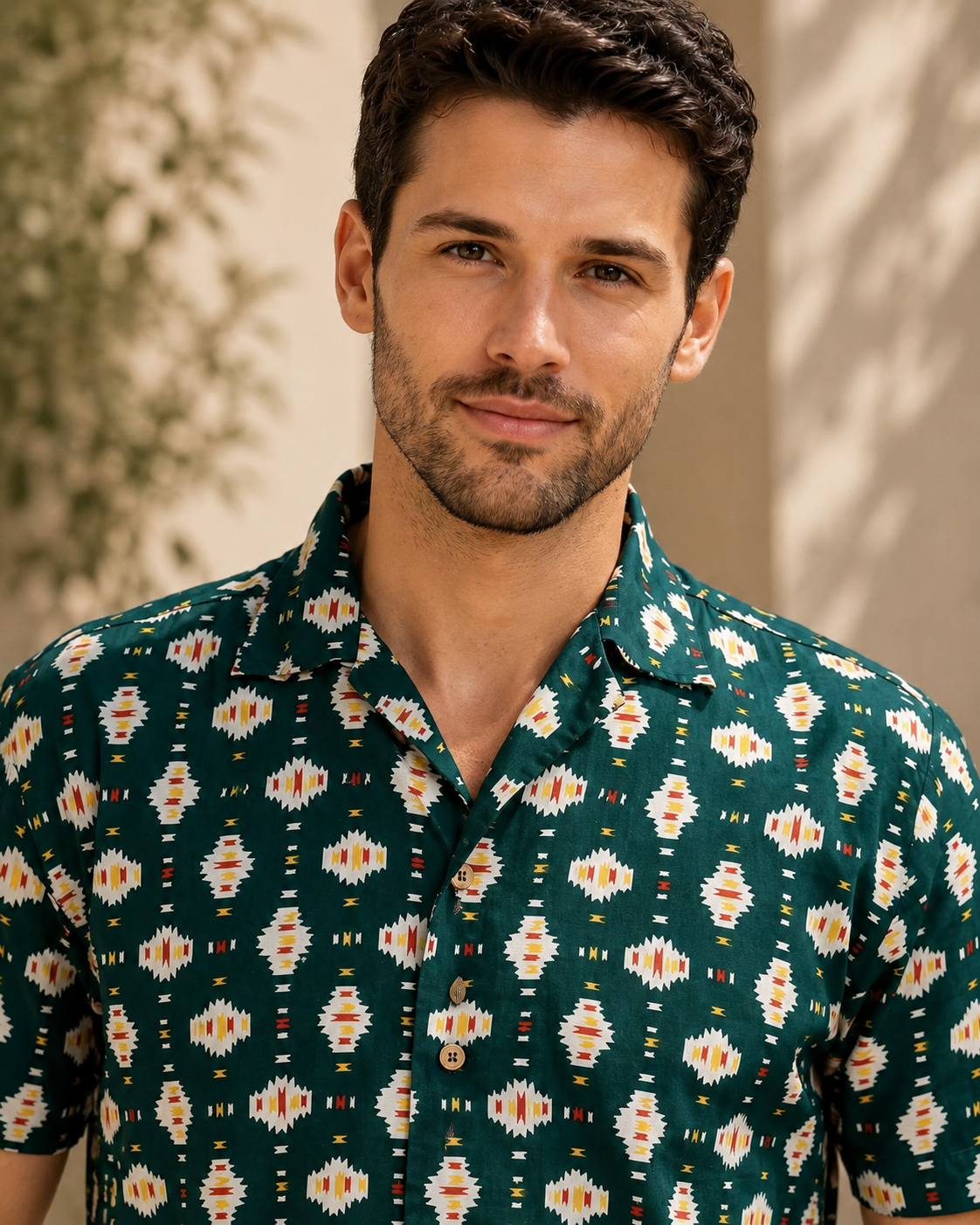 Men’s Green Geometric Print Half Sleeve Casual Shirt