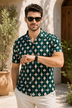 Men’s Green Geometric Print Half Sleeve Casual Shirt