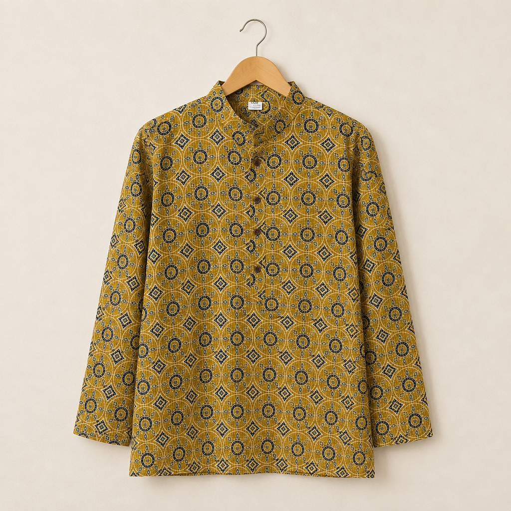 Men's Mustard Sanganeri Print Cotton Short Kurta