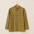 Men's Mustard Sanganeri Print Cotton Short Kurta
