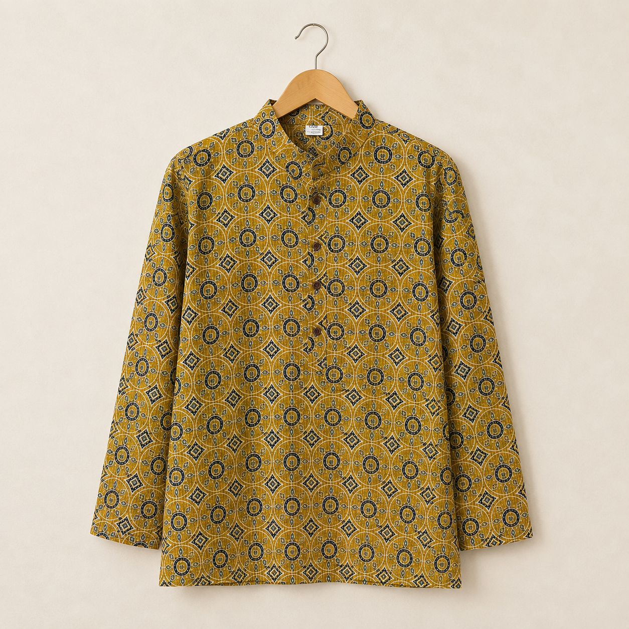 Men's Mustard Sanganeri Print Cotton Short Kurta