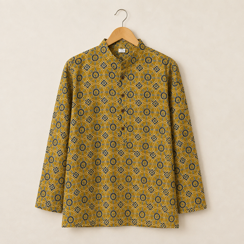Men's Mustard Sanganeri Print Cotton Short Kurta