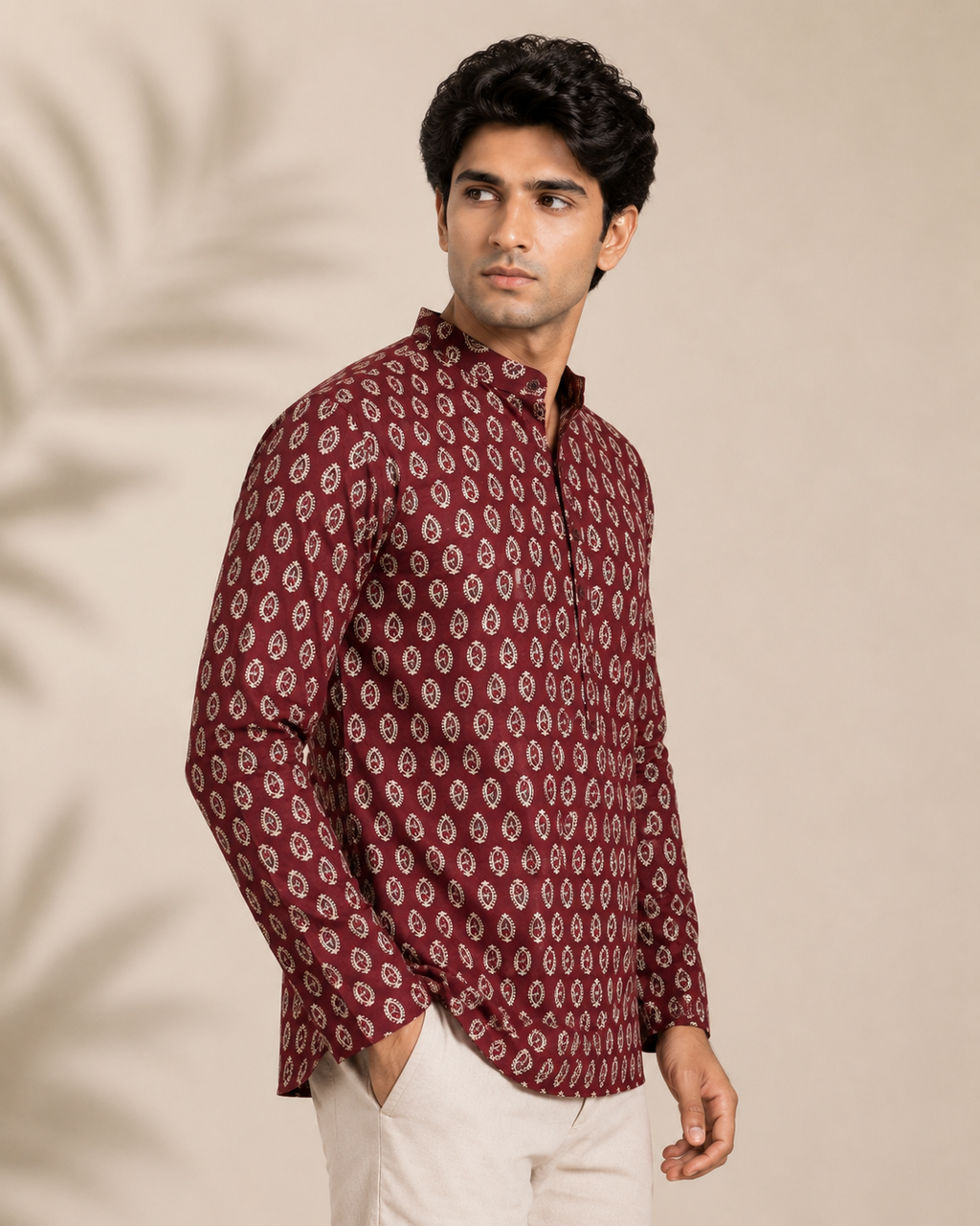 Men's Maroon Sanganeri Print Cotton Short Kurta