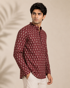 Men's Maroon Sanganeri Print Cotton Short Kurta